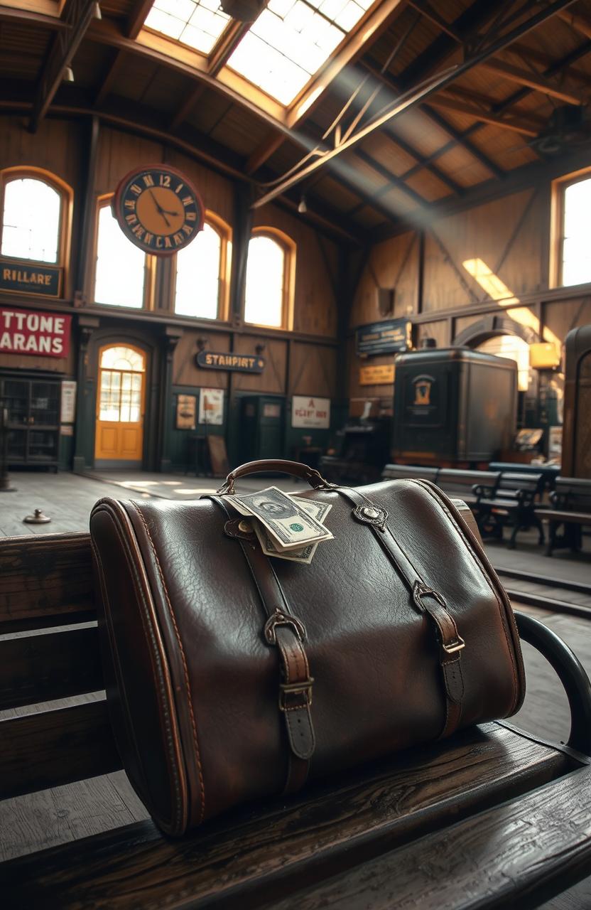 A vintage leather suitcase resting on a weathered wooden bench in an old train station