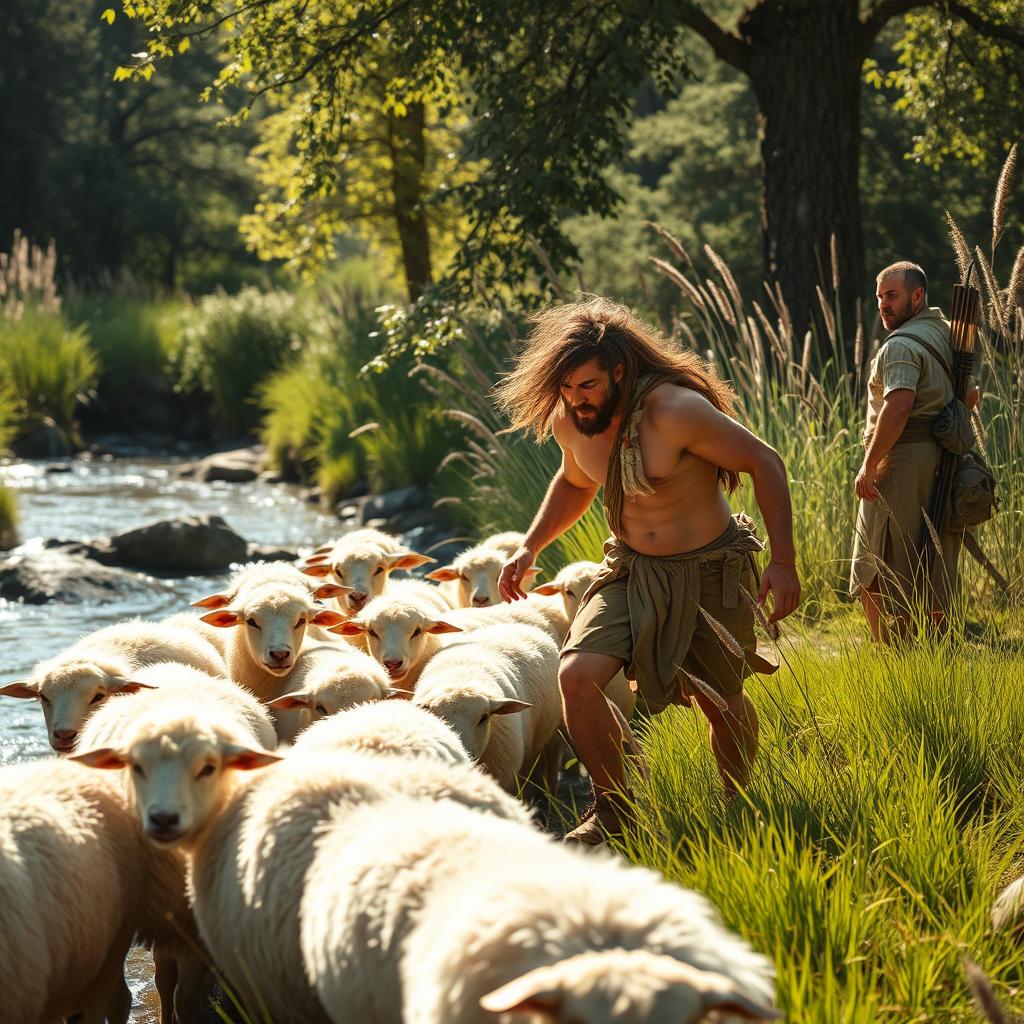 Enkidu, a wild and rugged figure with long hair and a muscled physique, is depicted herding a flock of fluffy white sheep near a flowing river