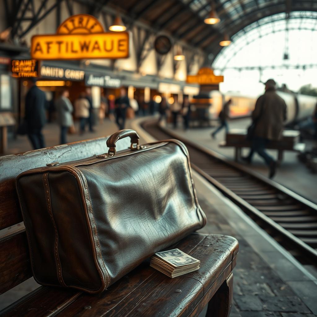 A vintage leather suitcase resting on a rustic wooden bench in a bustling train station