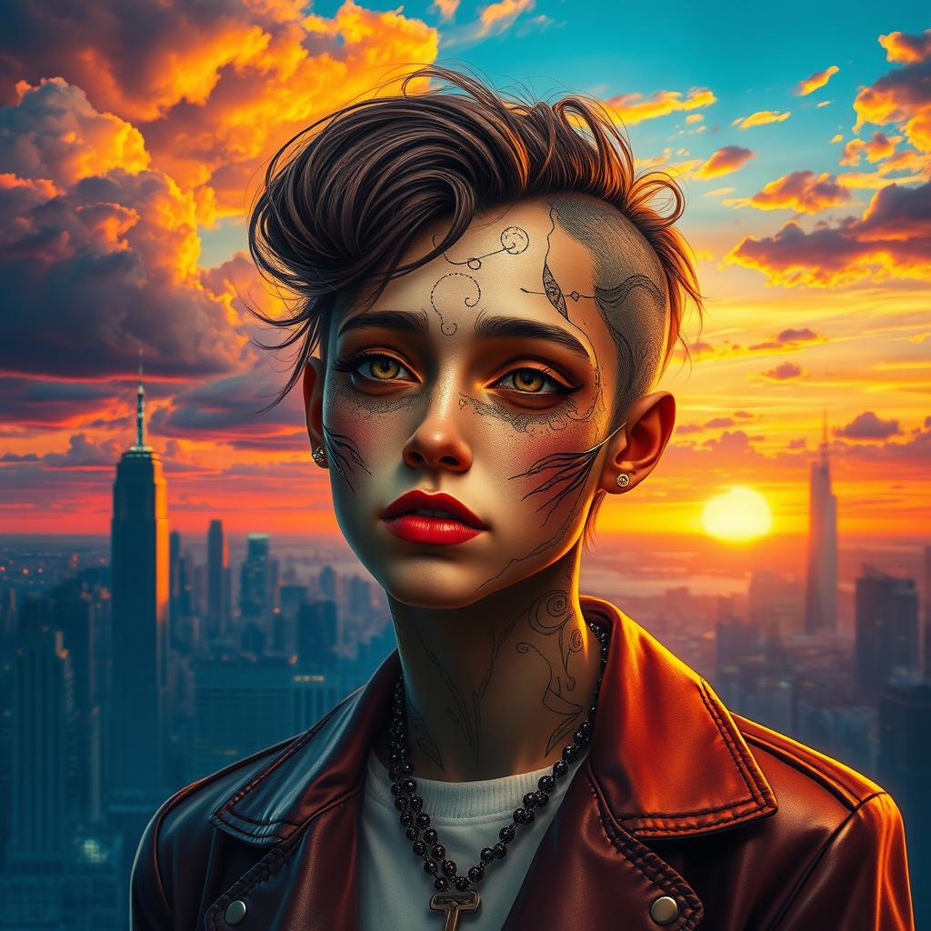 A surreal and imaginative scene depicting a person with a face that has been changed artistically, blending elements of different facial features and styles
