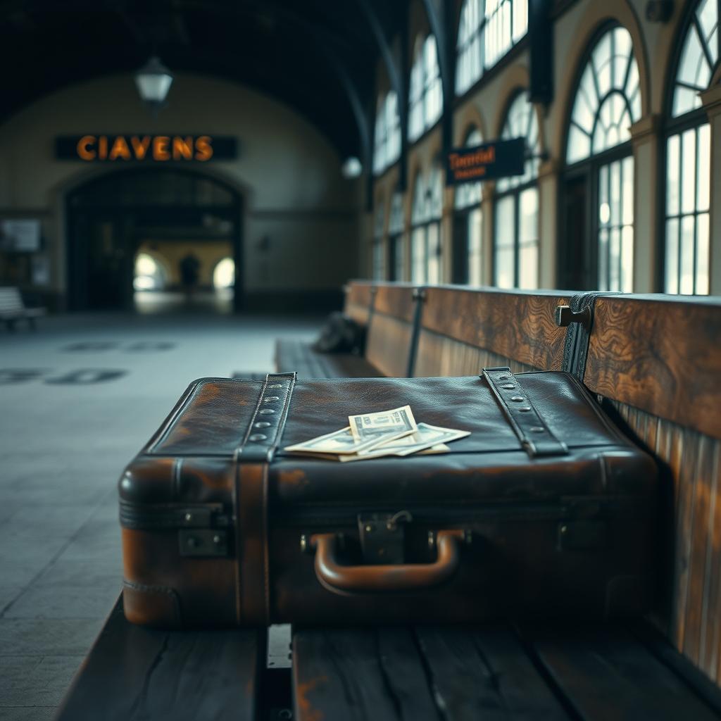 A vintage leather suitcase resting on a rustic wooden bench in an empty train station