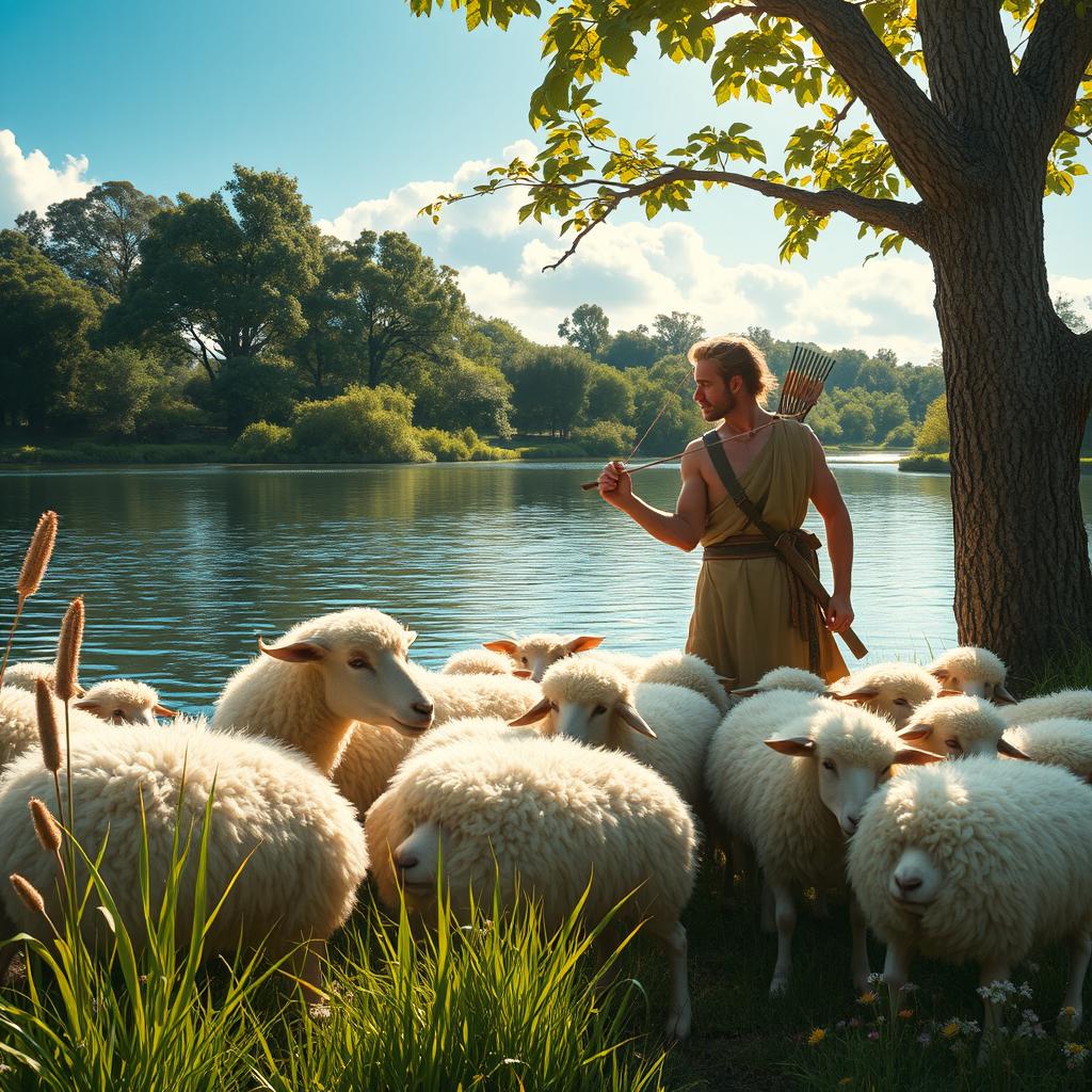 Enkidu, a wild yet noble figure with wild hair and a strong physique, is seen herding a flock of soft, fluffy sheep near a tranquil lake