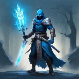 A fearsome Nordic necromancer, armed with a mystical blue glowing sword, ready for battle.