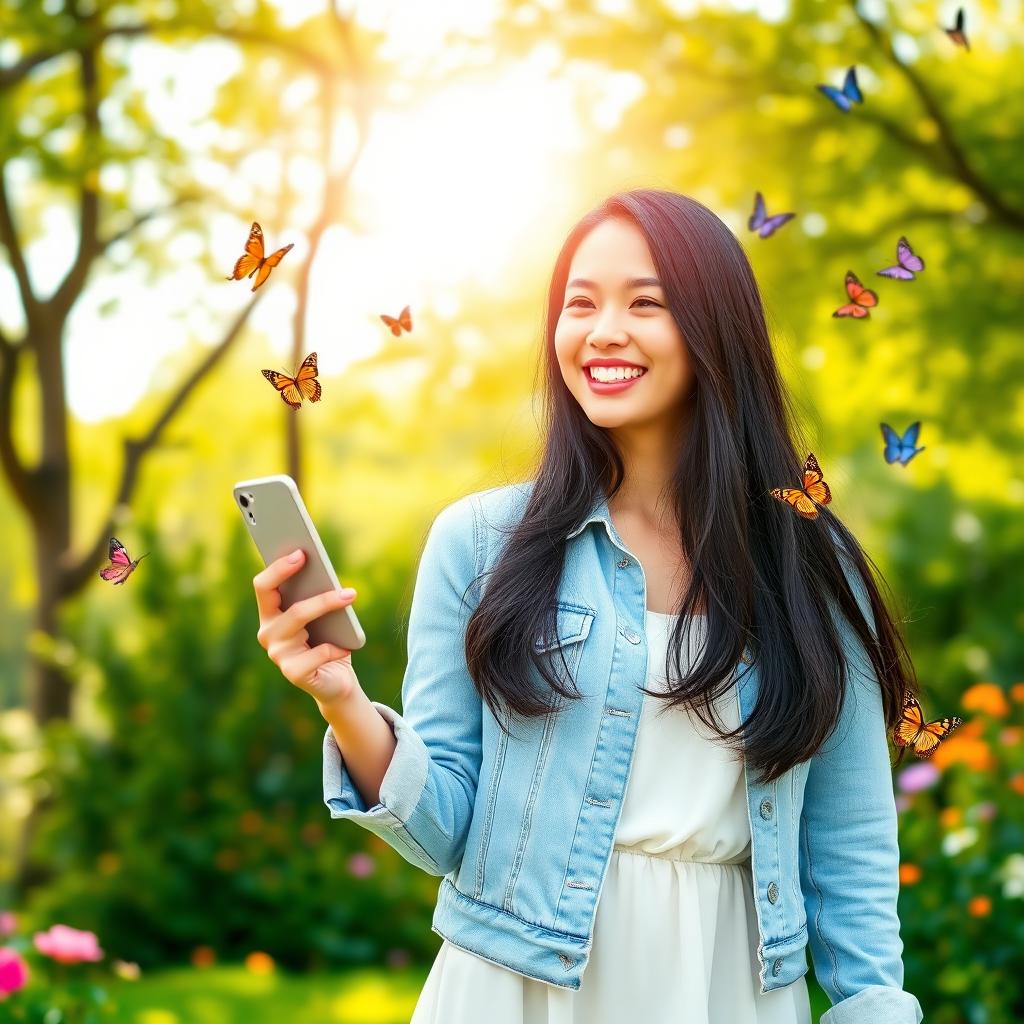 A young woman holding a smartphone, smiling brightly