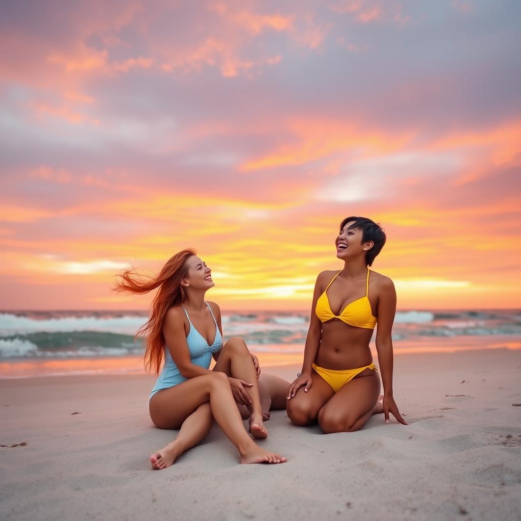 A beautiful beach scene at sunset, with two young women sitting on a sandy beach