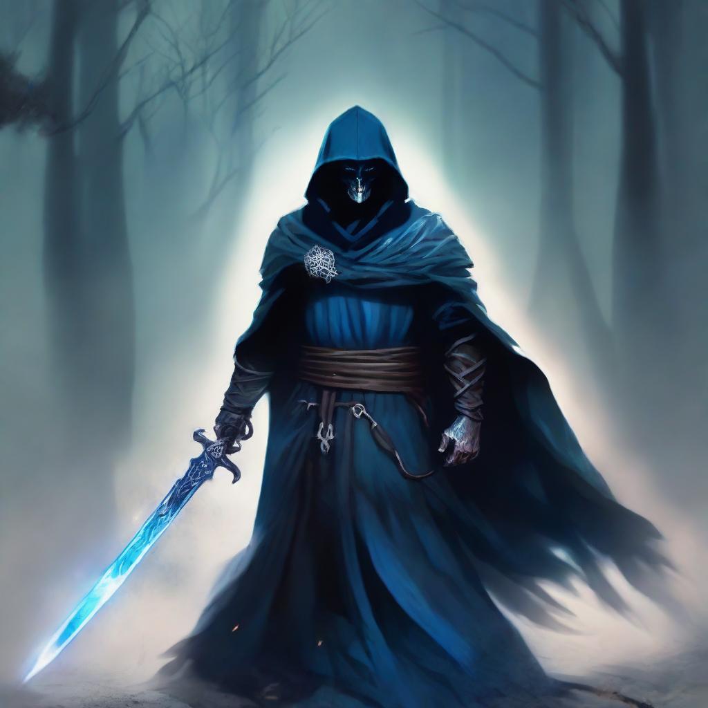 A powerful Nordic necromancer, shrouded in a dark cloak, wielding a blue, soul-infused sword.