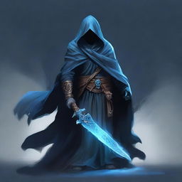 A powerful Nordic necromancer, shrouded in a dark cloak, wielding a blue, soul-infused sword.