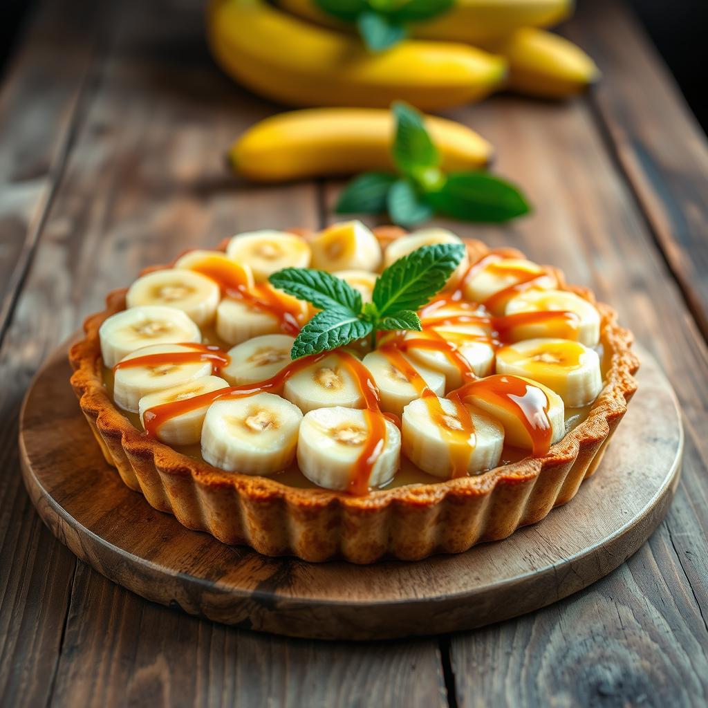 A delicious banana tart beautifully presented on a rustic wooden table