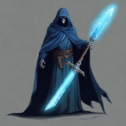 A powerful Nordic necromancer, shrouded in a dark cloak, wielding a blue, soul-infused sword.