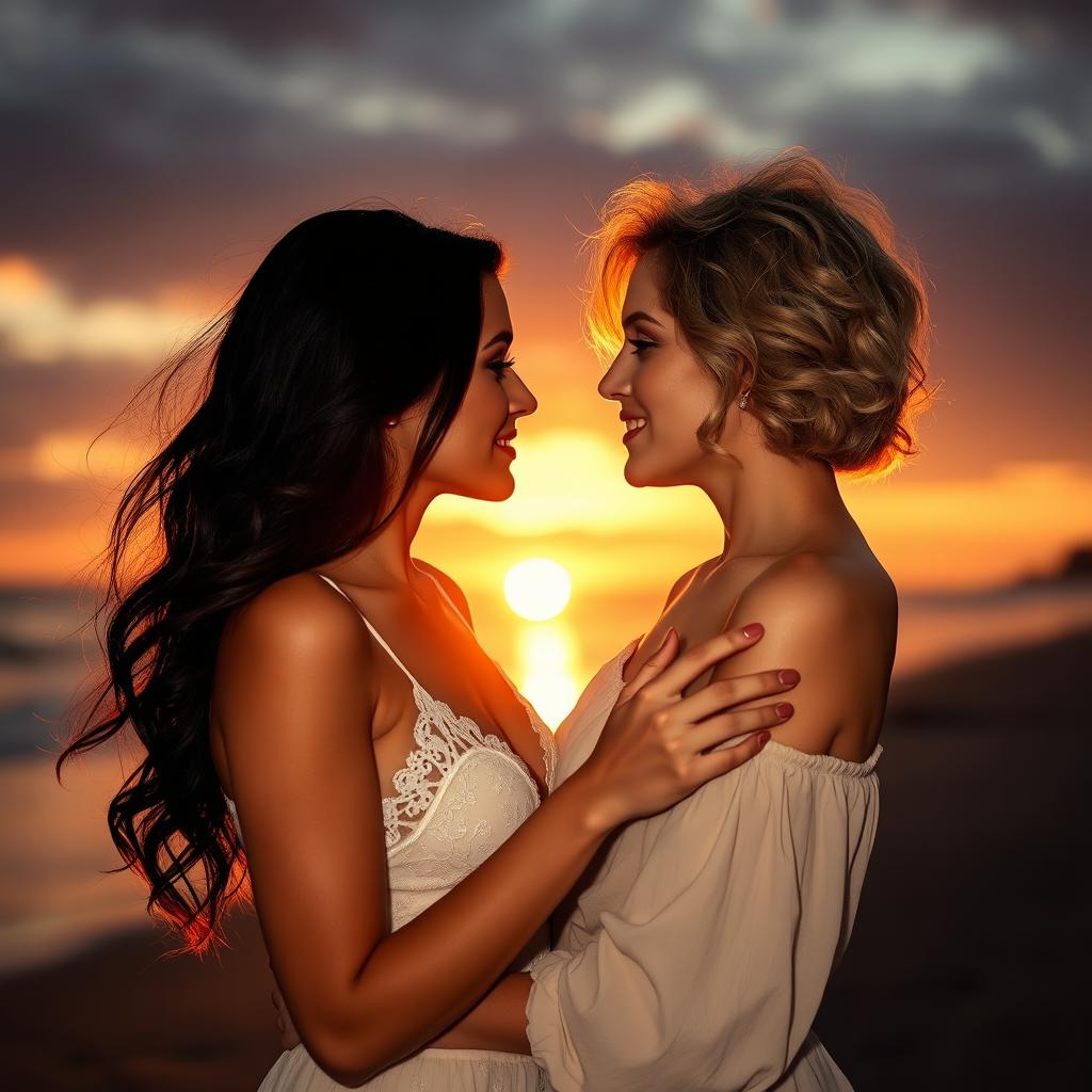 Two beautiful women passionately in love, sharing an intimate moment in a romantic setting