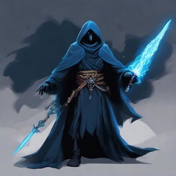 A powerful Nordic necromancer, shrouded in a dark cloak, wielding a blue, soul-infused sword.