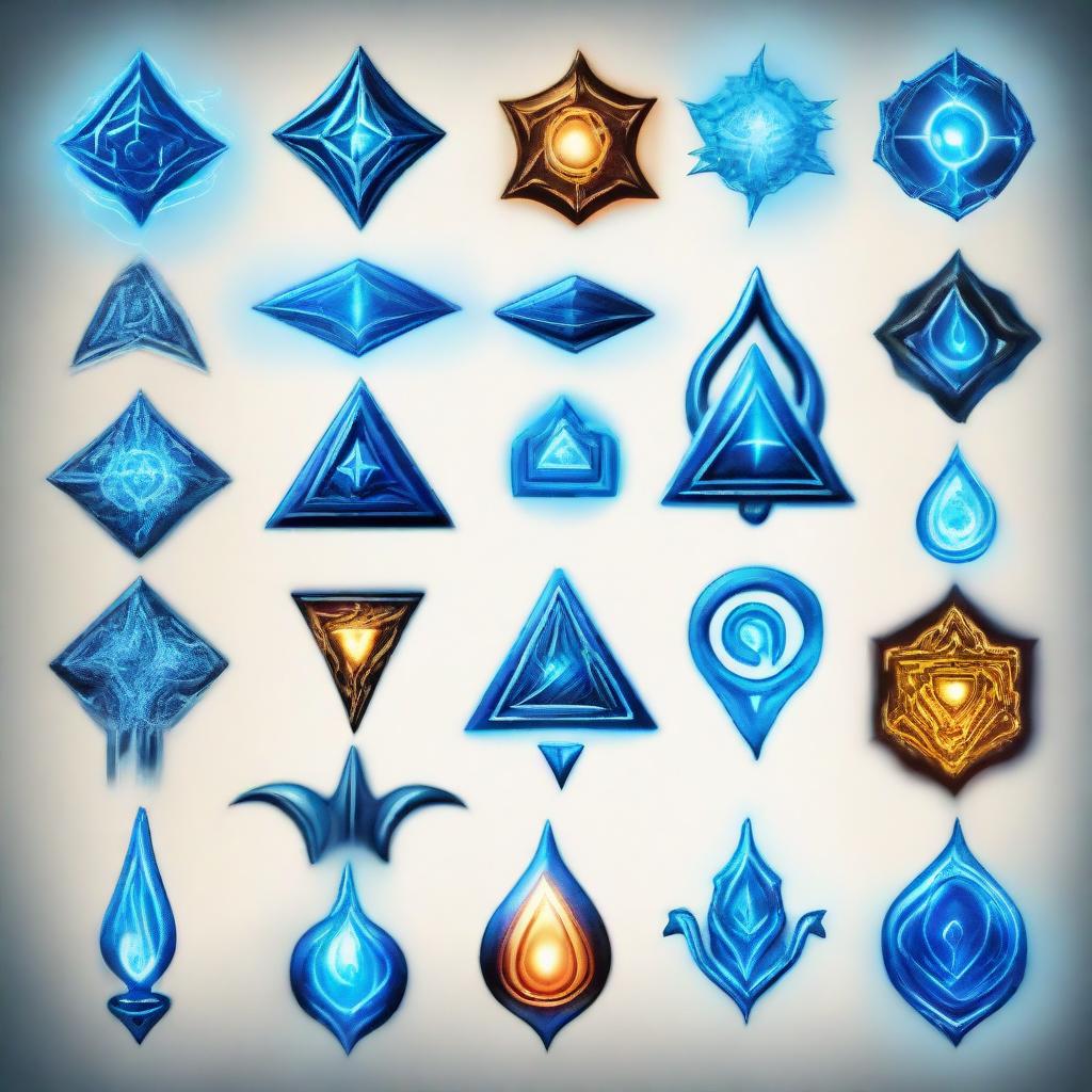 Various elemental symbols, glowing with a vibrant blue, each representing a different form of magical power.