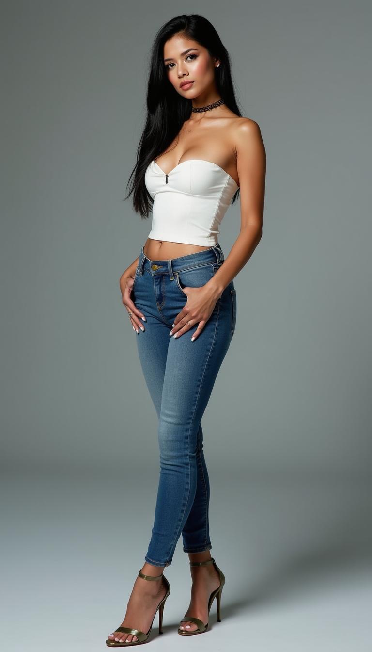 A beautiful 45-year-old American-Japanese mixed woman, showcasing her elegance as she stands confidently in high stiletto 22 cm heels with a very thin platform