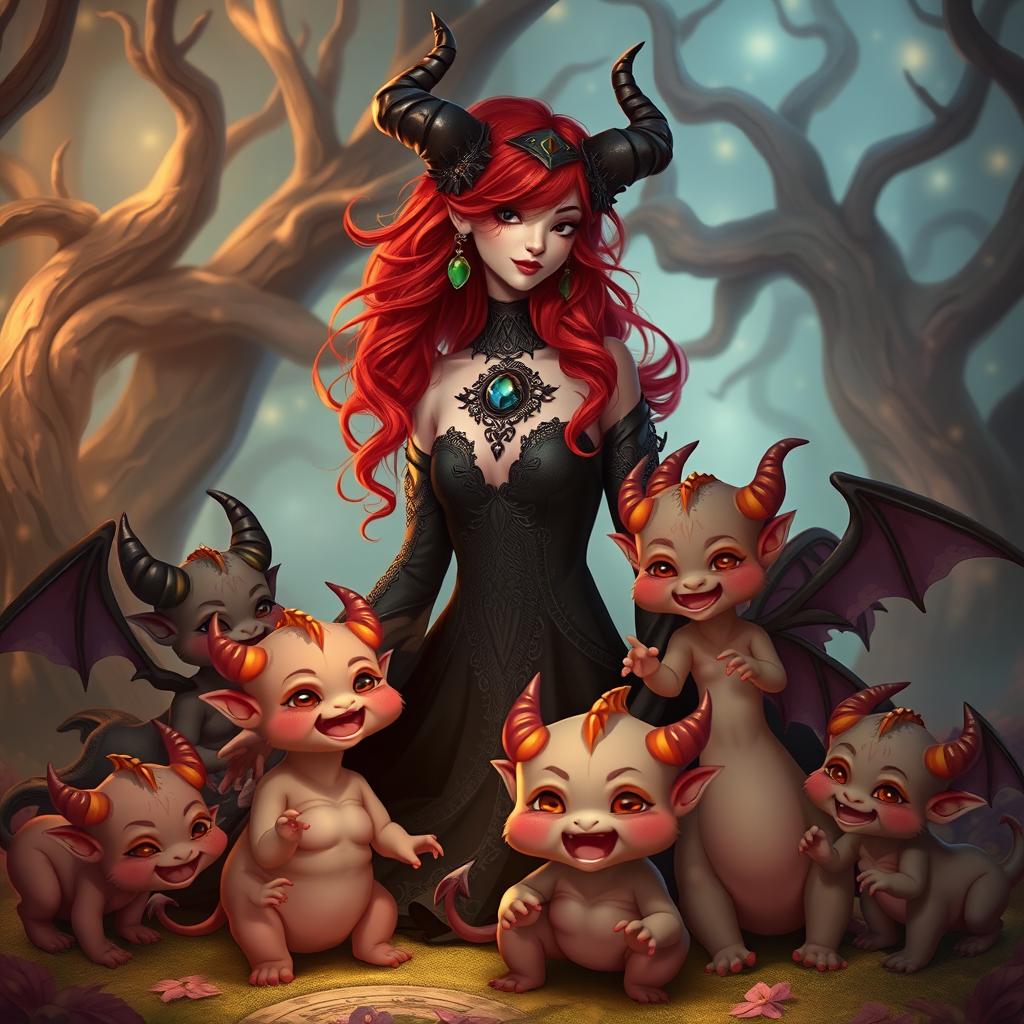 A fantastical scene featuring the character Lilith, depicted as an elegant and powerful figure, surrounded by a group of playful baby demons