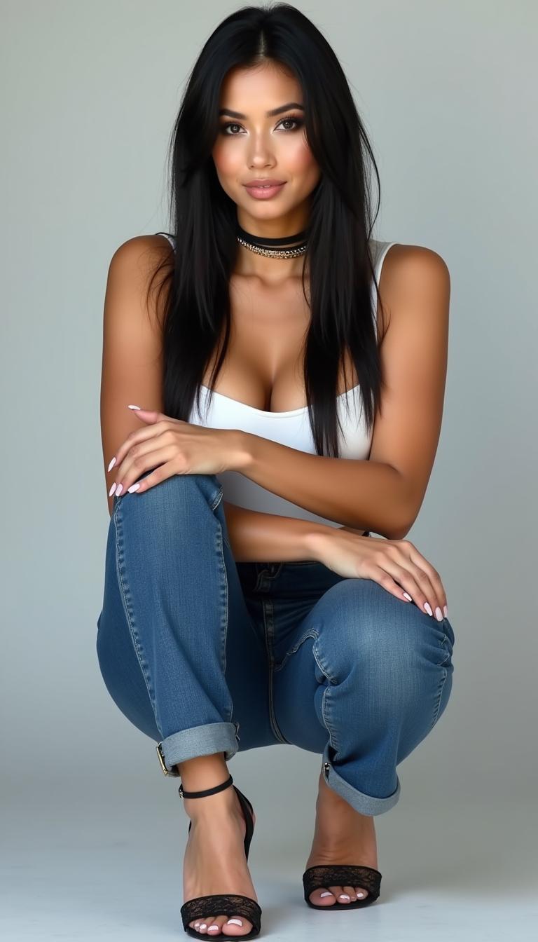 A beautiful 45-year-old American-Japanese mixed woman, showcasing her bright white skin, elegantly dressed in high 22 cm heels with a very thin platform
