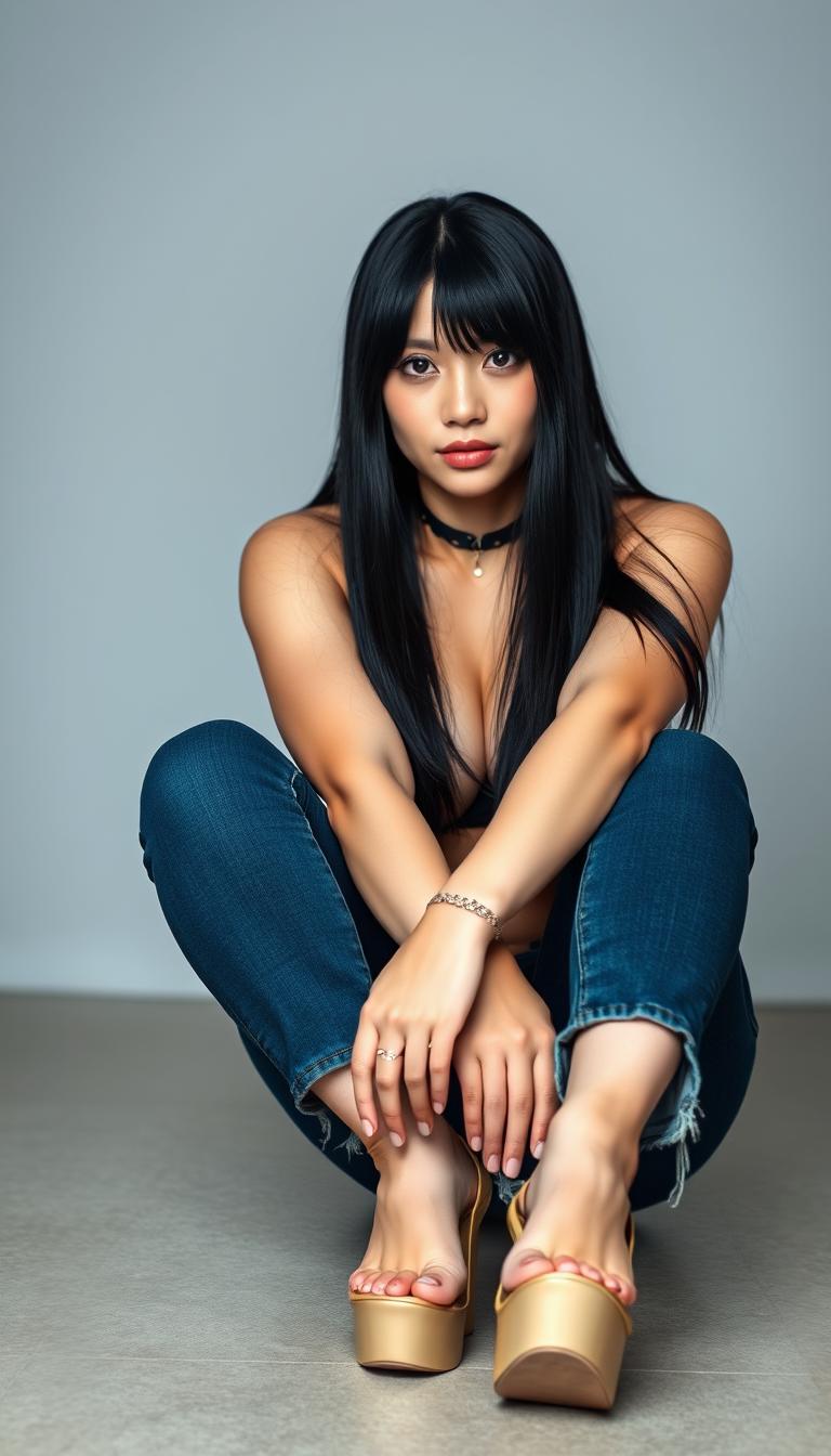 A beautiful 45-year-old American-Japanese mix woman, showcasing her striking features with bright white skin and long black straight hair