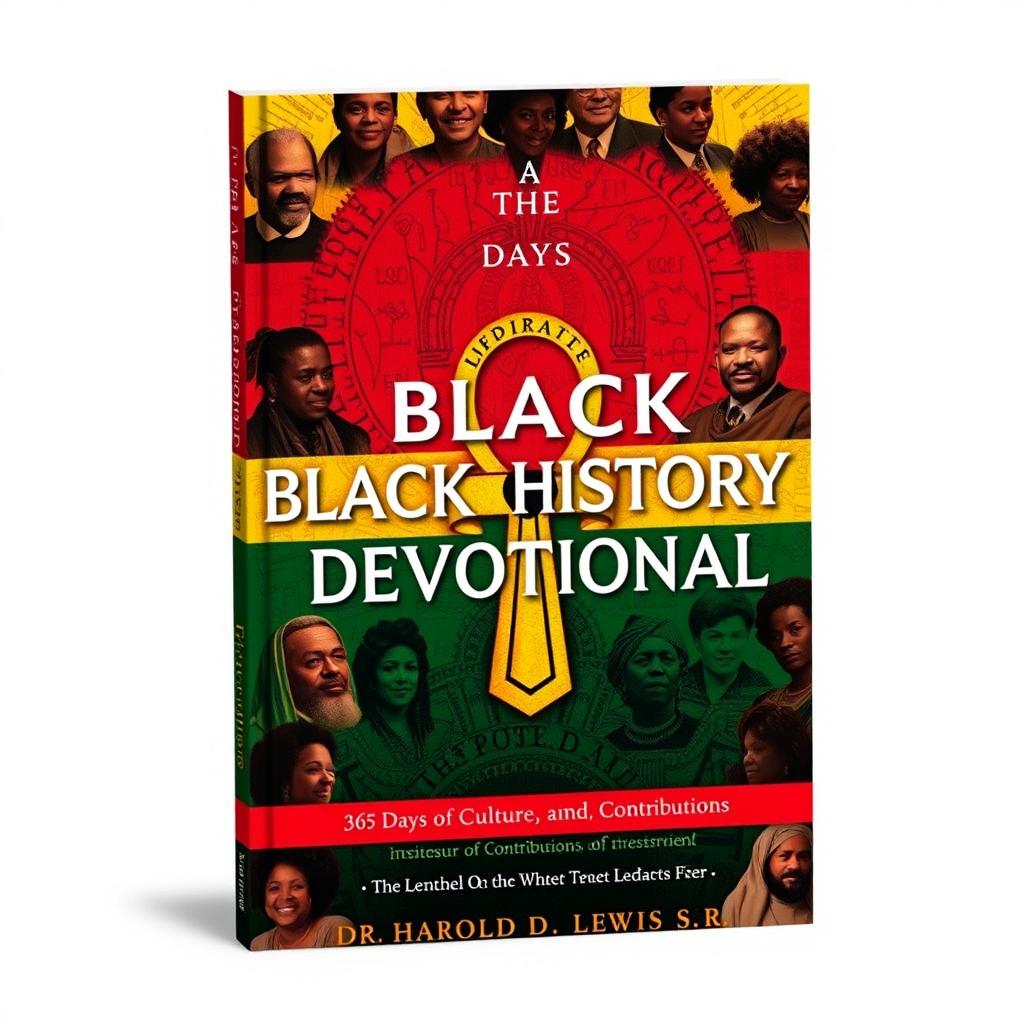 A vivid and inspiring book cover design for 'The Black History Devotional: 365 Days of Culture, Courage, and Contributions' by Dr