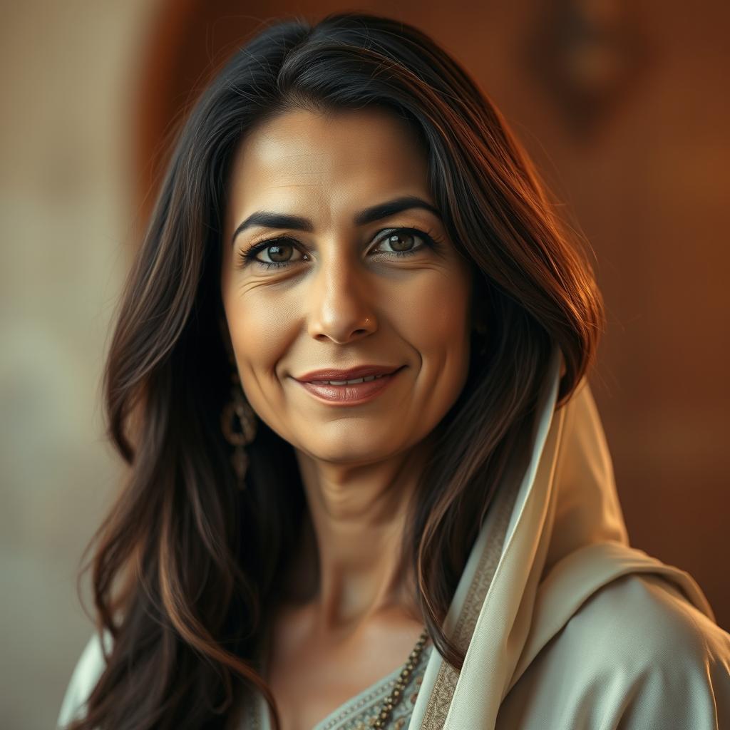 A portrait of a 48-year-old Arabic woman with beautiful brunette hair