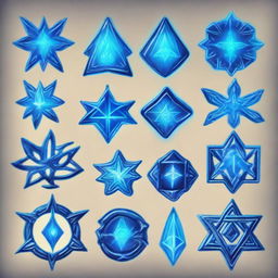 Various elemental symbols, glowing with a vibrant blue, each representing a different form of magical power.