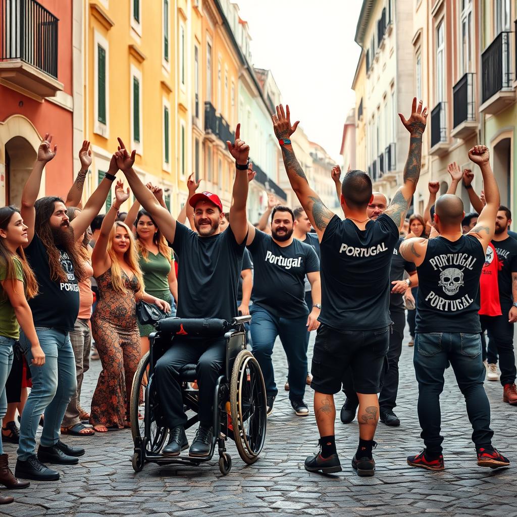 A lively scene depicting two rival groups in a Lisbon street, with traditional Portuguese cobblestone paving
