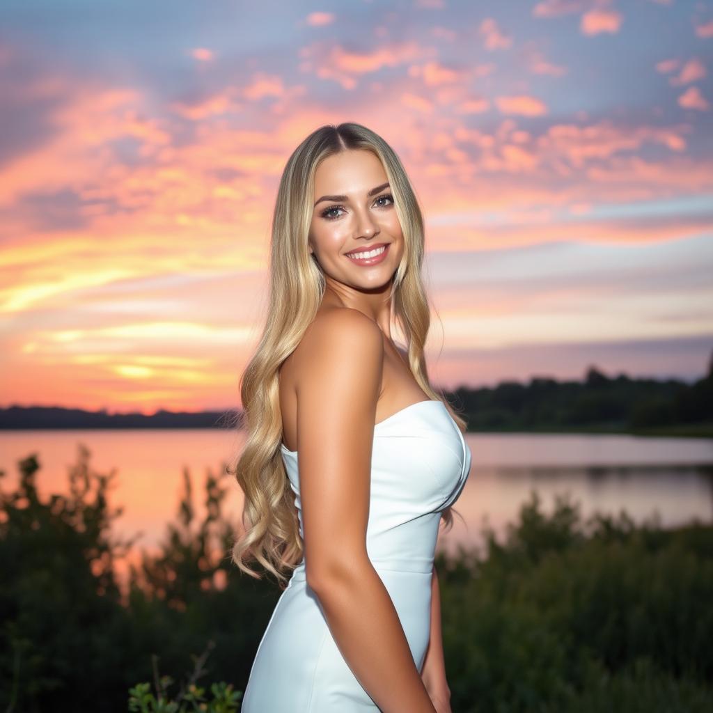 A stunning woman with long, glamorous blonde hair cascading down her shoulders, adorned in an elegant white dress, standing gracefully by a tranquil lakeside under a beautiful sunset sky filled with soft oranges and pinks