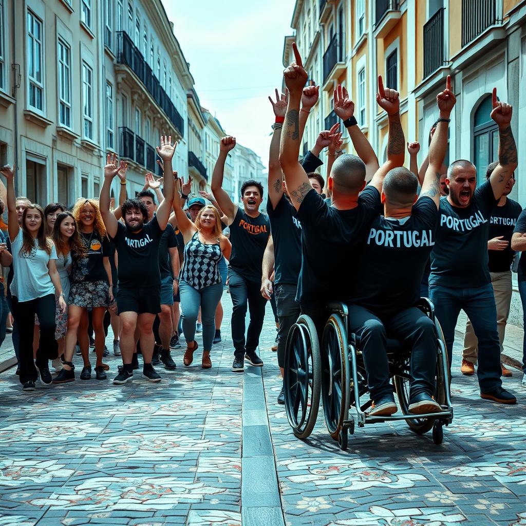 A vibrant scene depicting two rival groups in a lively urban setting in Lisbon