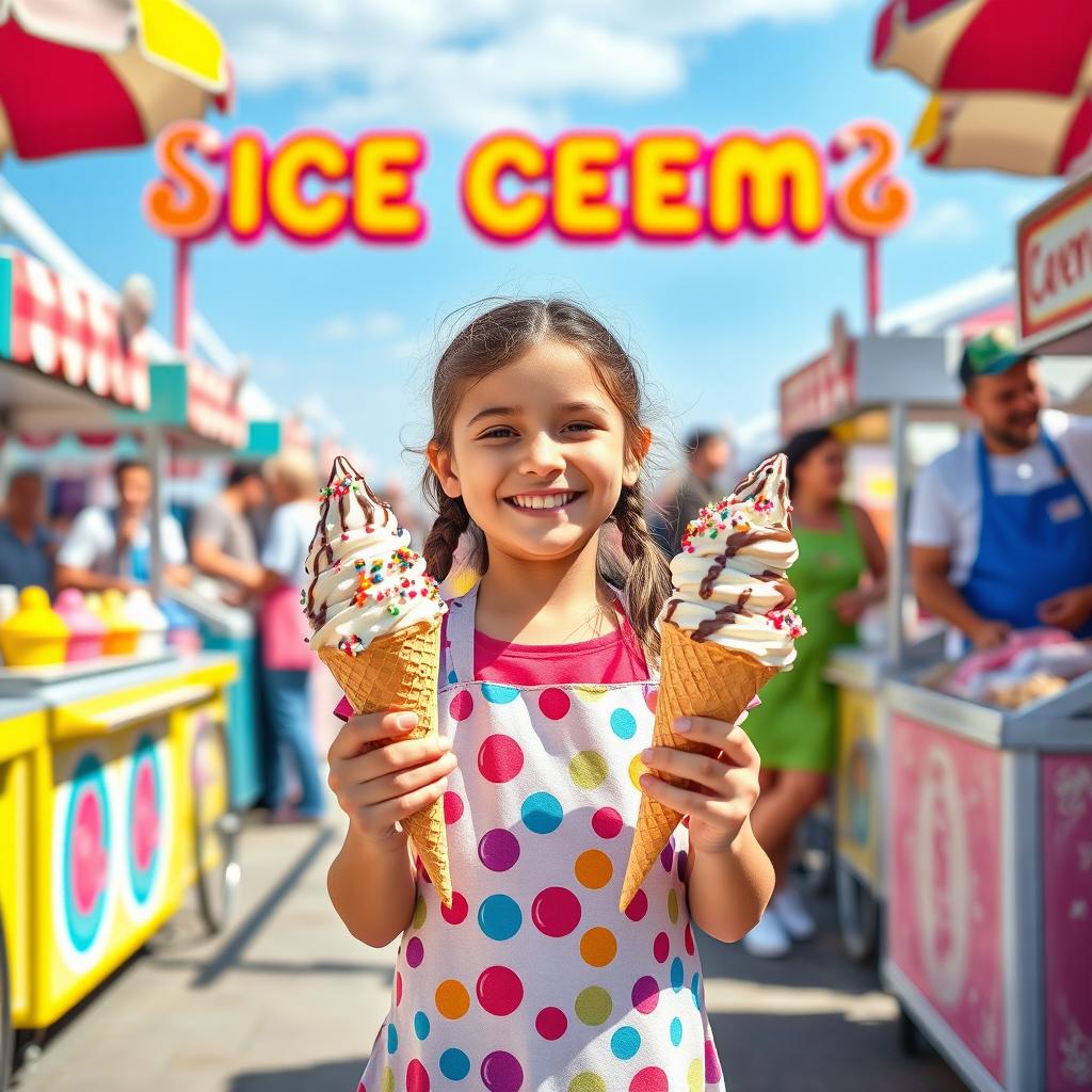 A joyful young girl standing amidst a vibrant ice cream market, surrounded by cheerful ice cream vendors