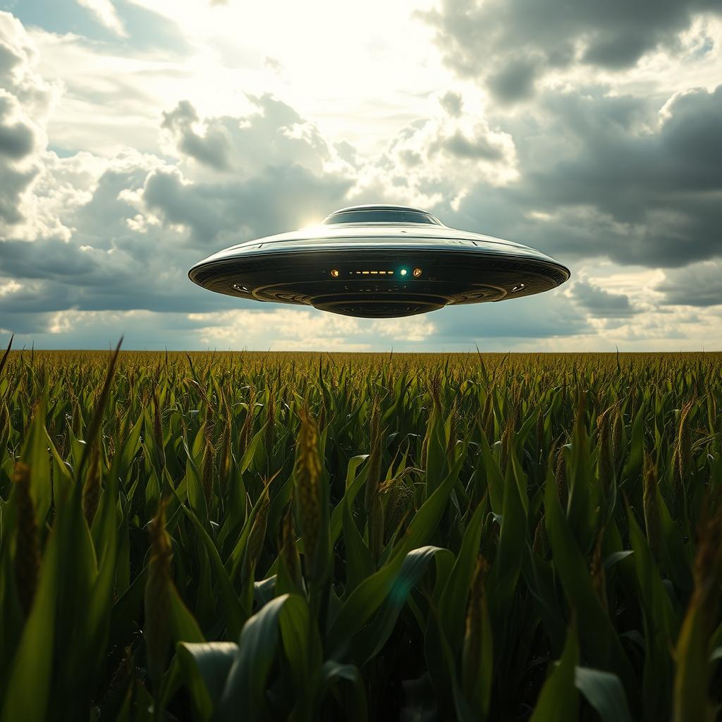 A striking raw photograph of a UFO hovering above a vast cornfield, showcasing the sleek metallic surface of the unidentified flying object reflecting the sunlight