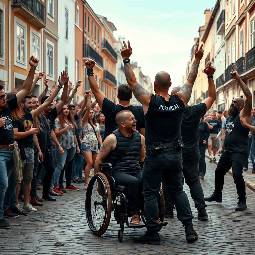 A dramatic street scene depicting two rival groups in a lively confrontation