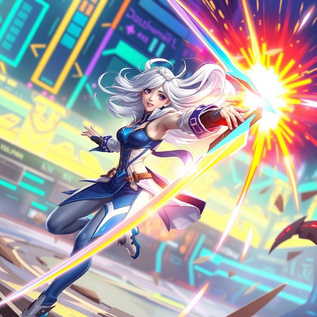 A dynamic and action-packed scene featuring Jett from Valorant, depicted in her signature stylish and agile pose