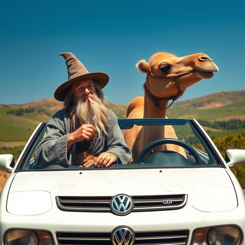 A whimsical scene featuring Gandalf from The Lord of the Rings sitting in a Volkswagen Golf Cabriolet alongside a camel