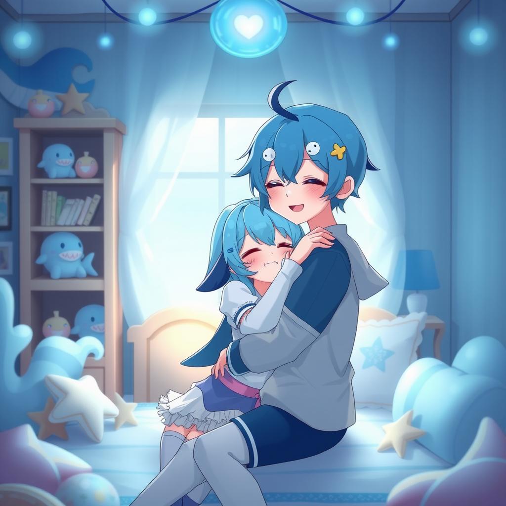 A romantic scene featuring a VTuber character inspired by Gura, with a charming and playful demeanor, styled with ocean-themed accessories, blue hair with shark-inspired elements, and a cute outfit