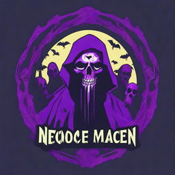 A purple necromancer logo, framed by an eerie group of emerging zombies, hinting at an air of dark magic power and mystery.