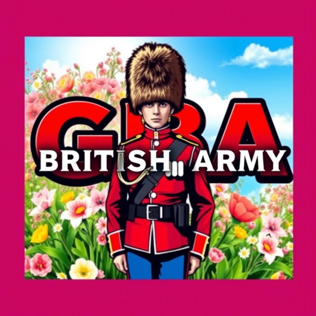 A vibrant graphic design of a logo for the GBA British Army, incorporating a Grenadier Guard in a spring-themed setting