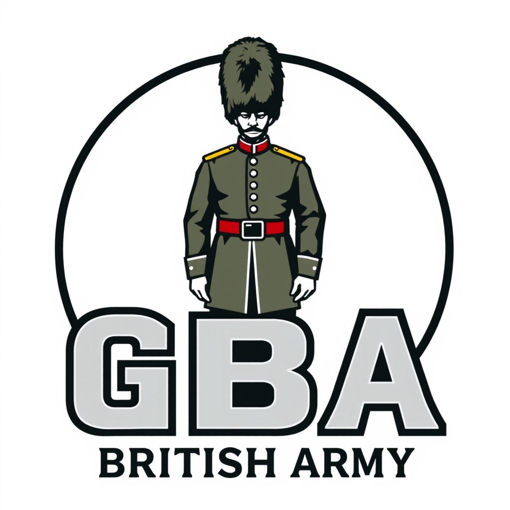 A striking graphic design of a logo for the GBA British Army, featuring a detailed depiction of a Grenadier Guard