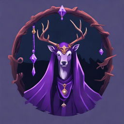 A purple necromancer icon, draped in a majestic deer mantle, depicting a balance of nature and dark magic.