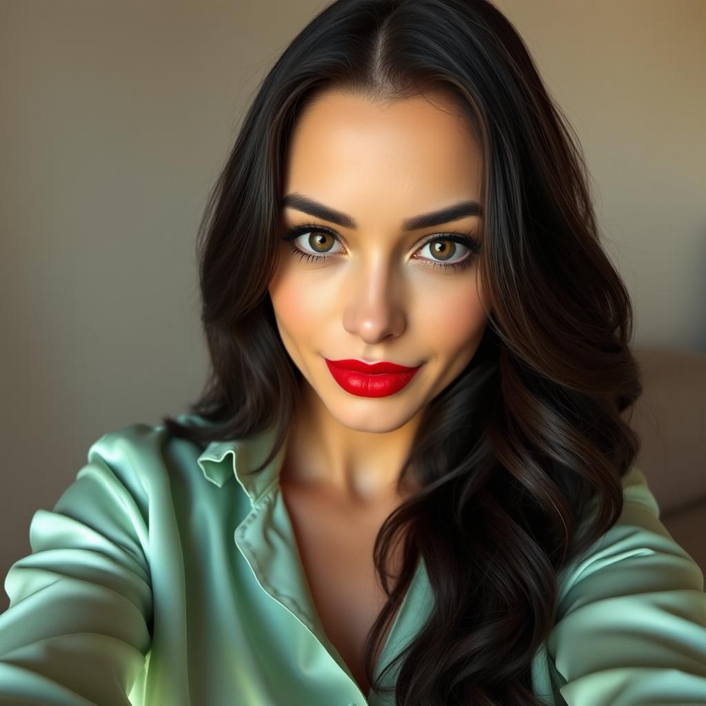 A beautiful adult woman with light skin and long, dark wavy hair