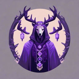 A purple necromancer icon, draped in a majestic deer mantle, depicting a balance of nature and dark magic.