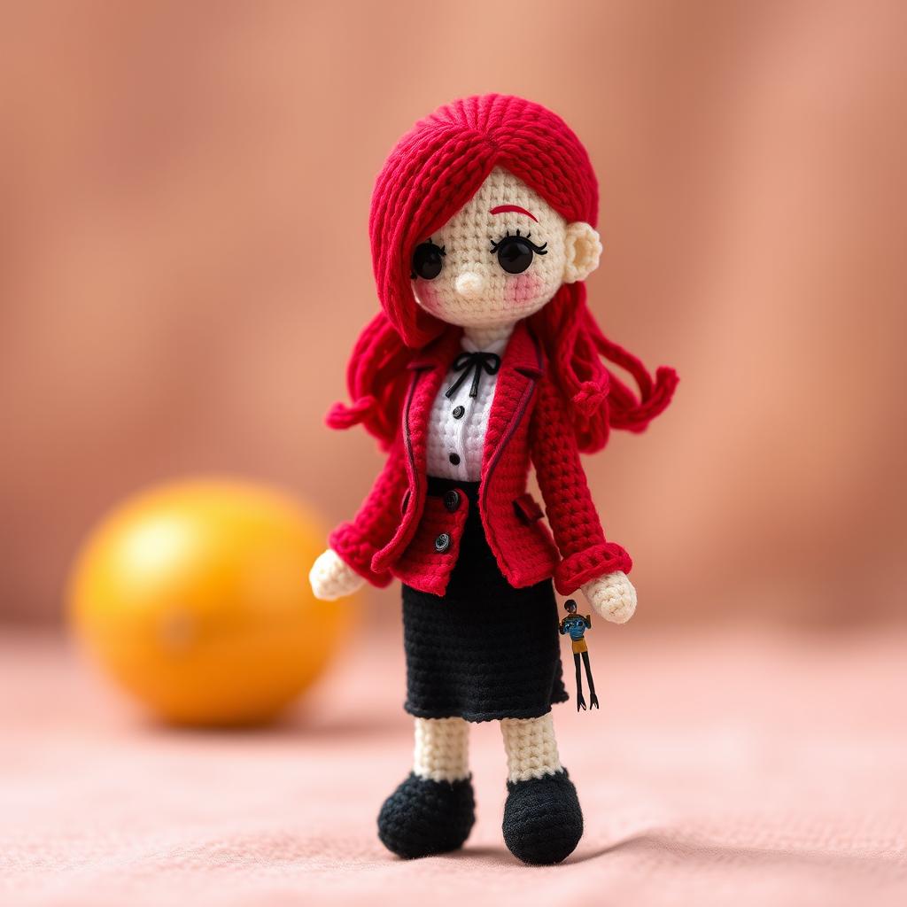 An adorable amigurumi figure of Mitsuru Kirijo from the game Persona 3