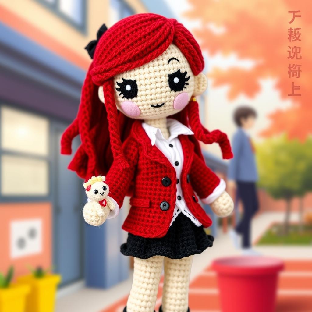 A charming amigurumi representation of Mitsuru Kirijo from Persona 3, showcasing her signature outfit which includes a stylish red blazer, a crisp white shirt, and a black skirt