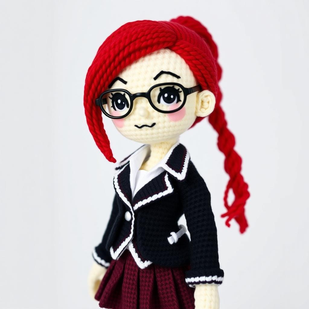 A detailed amigurumi representation of Mitsuru Kirijo from the game Persona 3, showcasing her signature red hair styled in a side ponytail, wearing her stylish school uniform which includes a fitted blazer, a white shirt, and a pleated skirt