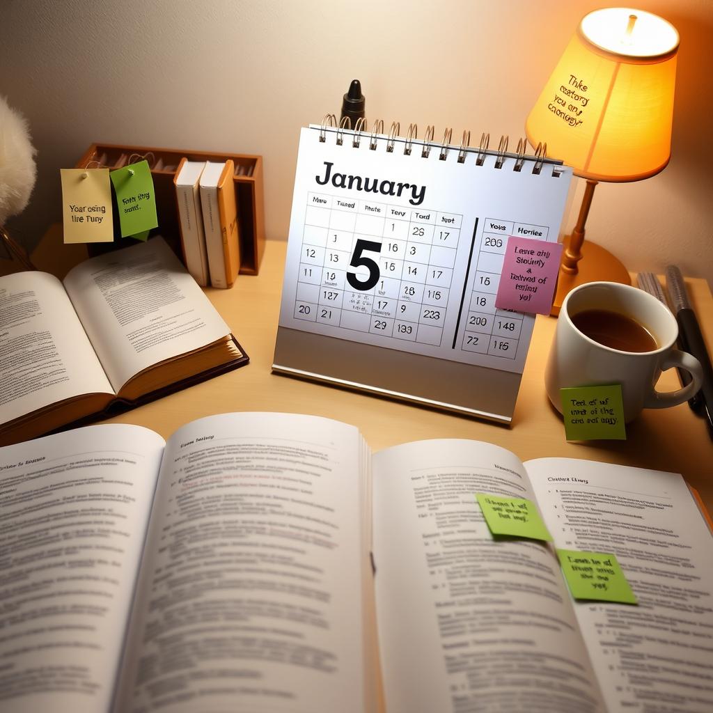 A well-organized study schedule, featuring a clean desk setup with open textbooks and notes for preparation