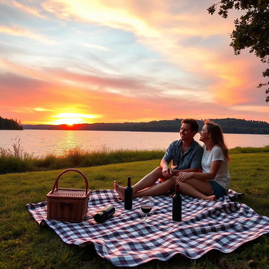 A serene landscape featuring a vibrant sunset over a tranquil lake, with lush greenery on the banks and gentle ripples reflecting the colorful sky