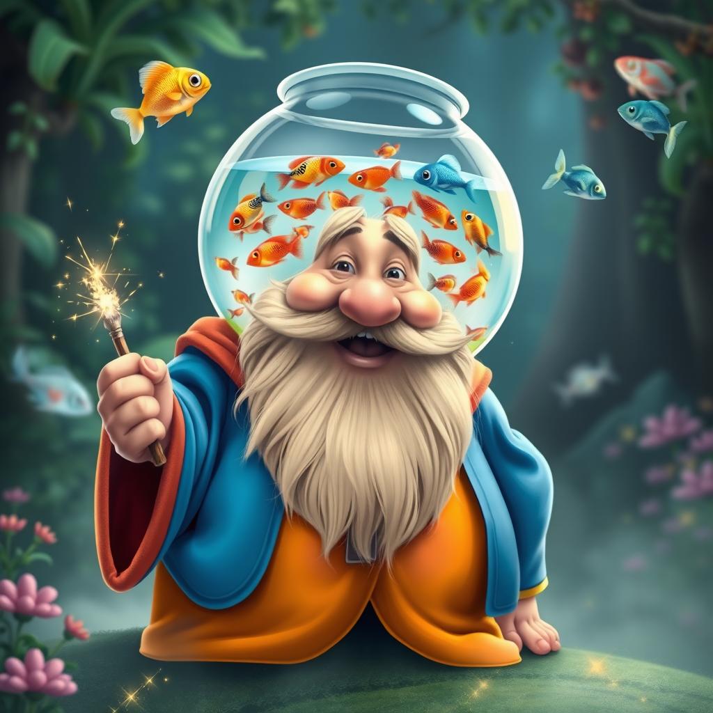A whimsical and humorous scene featuring an overweight wizard with a vibrant robe and a long beard