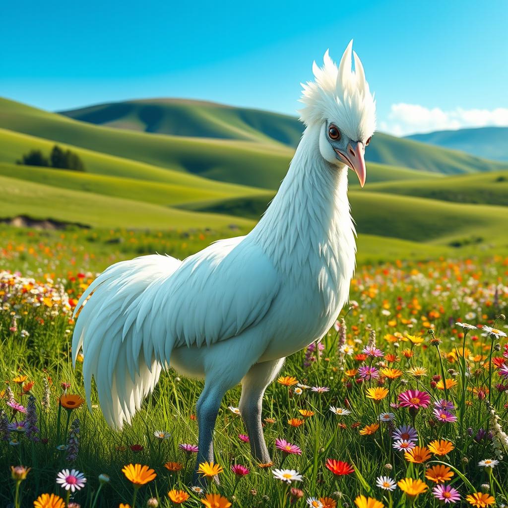 A majestic white chocobo standing gracefully in a lush, vibrant green landscape