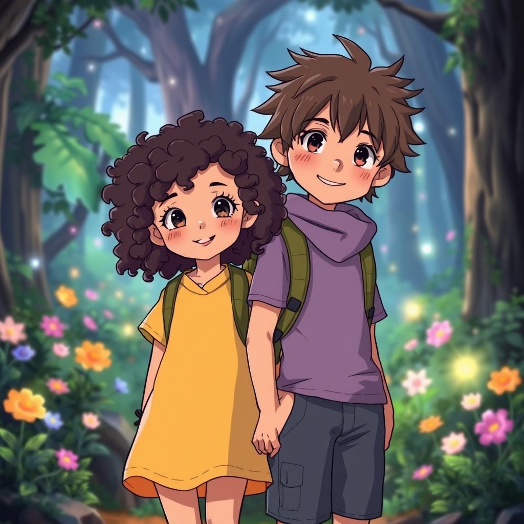 A charming fantasy scene featuring a young girl with curly hair standing beside a person