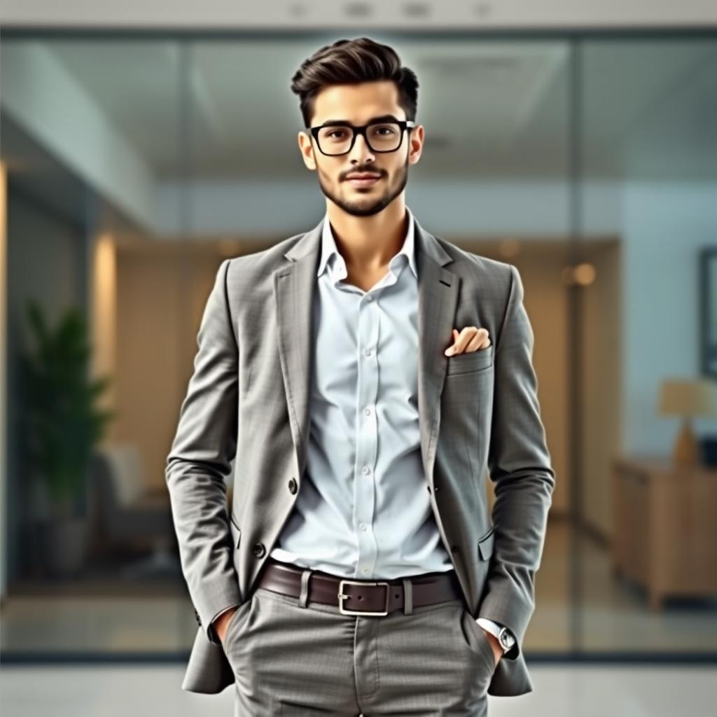 A stylish professional figure standing confidently, with one hand in a tailored pocket, elegantly showing the thumb sticking out, conveying a chic and polished look