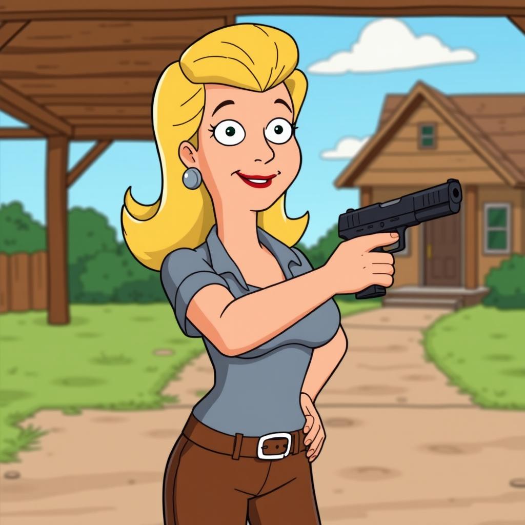 A stylized animated scene inspired by the show 'King of the Hill', featuring a woman resembling Luanne Platter holding a gun confidently