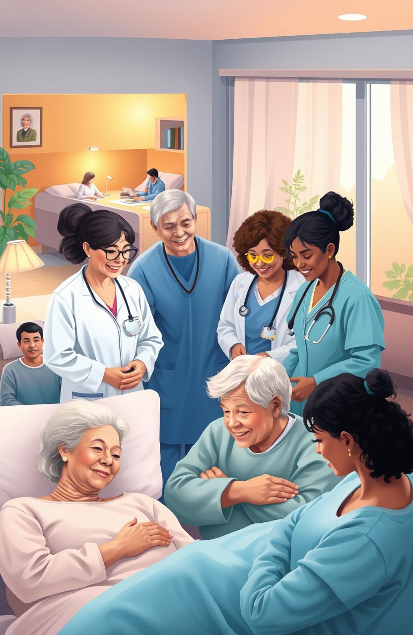 A vibrant and engaging depiction of a modern palliative care society, showcasing a diverse group of compassionate healthcare professionals interacting warmly with patients