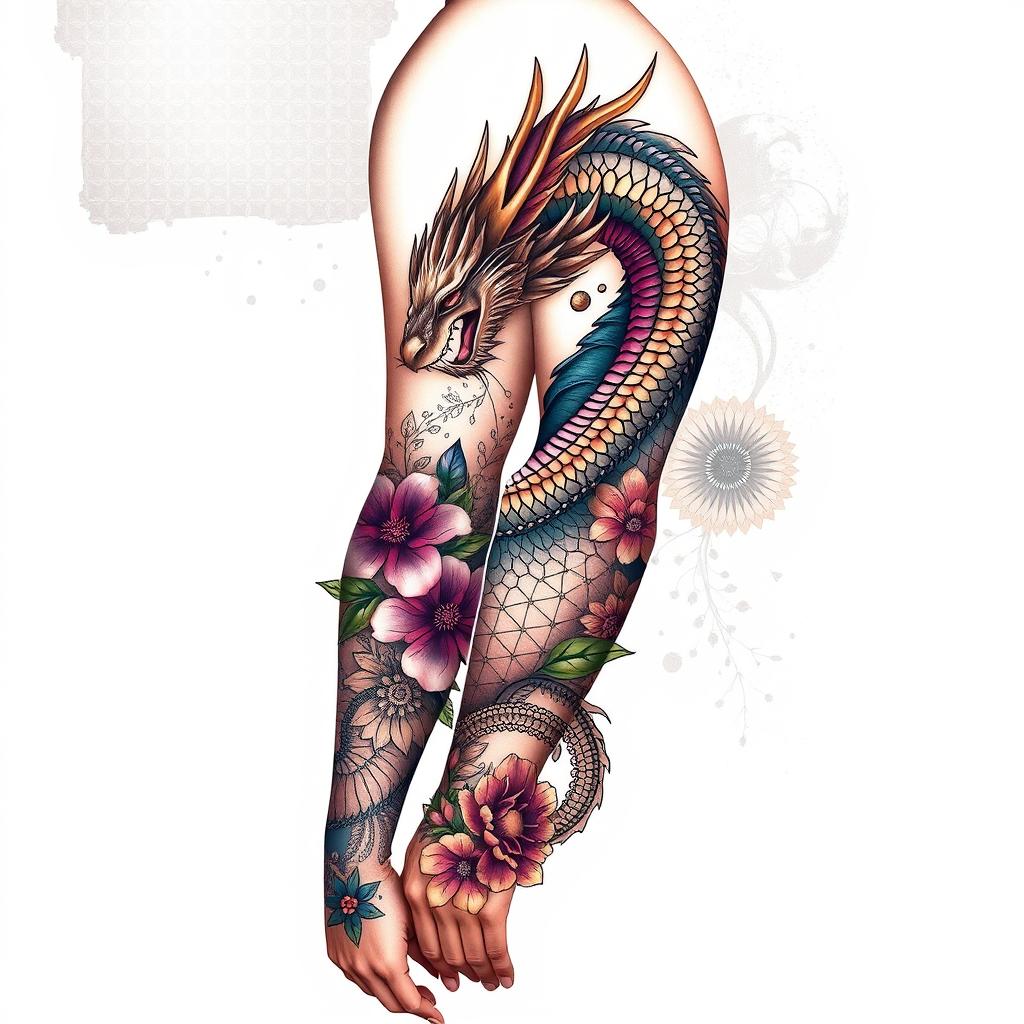 A stunning and realistic full sleeve tattoo design that fills the entire arm up to the shoulder